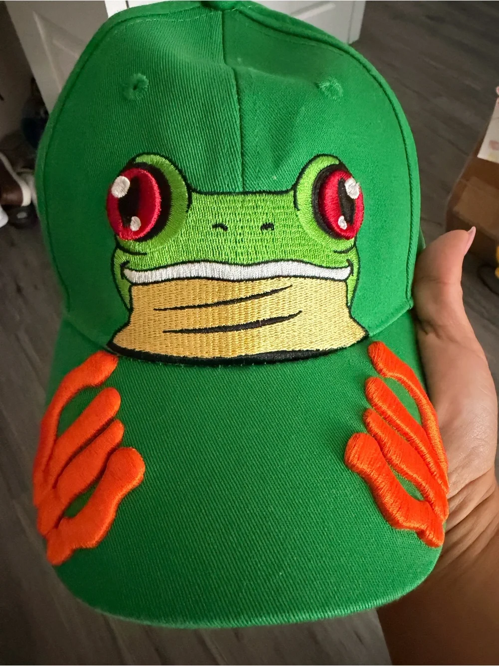 Kids Green Frog Face Baseball Cap with Orange Accents - Picture 1 of 2